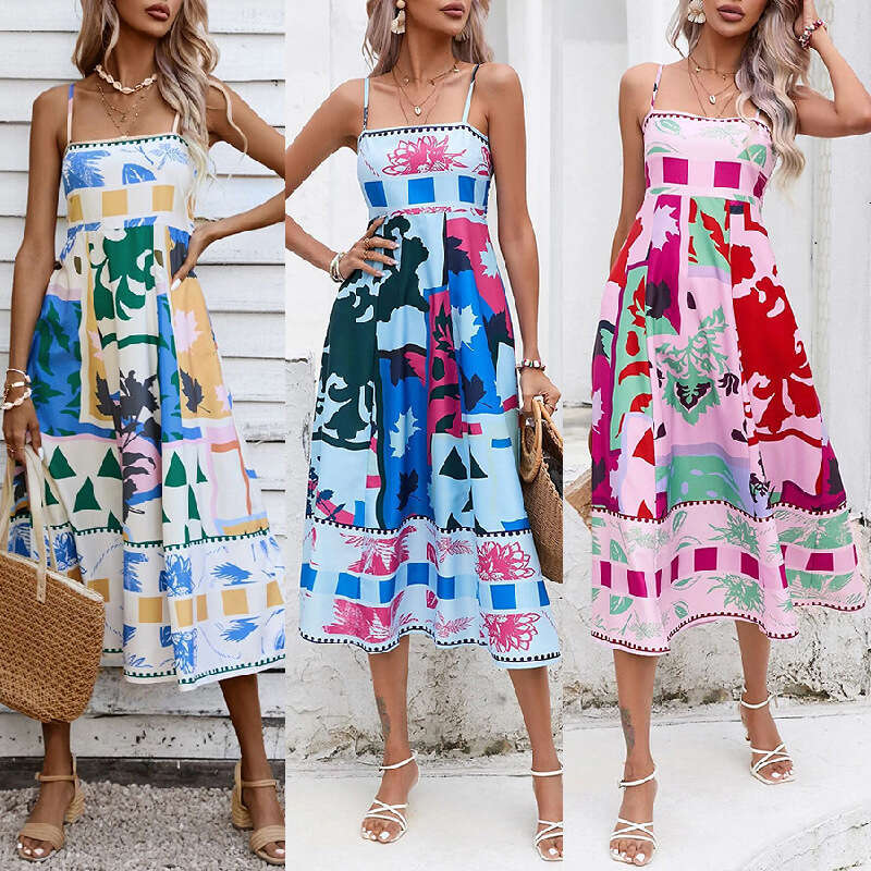 Summer Women's Sexy Positioning Printed Strap Sleeveless Swing Dress 2025 New Style Elegant Clothing