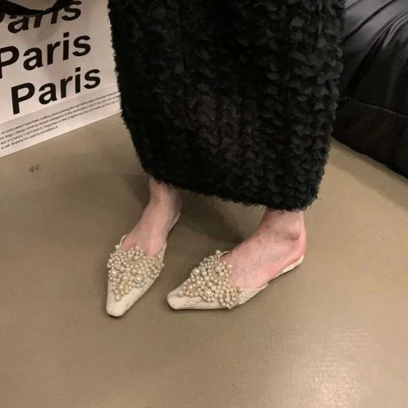 Women Bead Flats Slippers Summer Mules Shoes Sandals 2025 Trend Sgback Slides Walking Flip ps atillas De Mujer