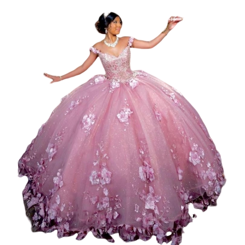 3D Floral Appliques Pink Quinceanera Dresses Off Shoulder Sweet 16 Dress Floor Length Prom Occasion Ball Gown Vestido De 15 Anos
