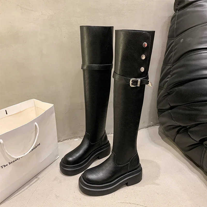 Over The Knee Square Heel Modern Boots Zipper Solid Round Toe Shoes Fem 2024 High Quality High Heel Punk Wens Boots Z250304