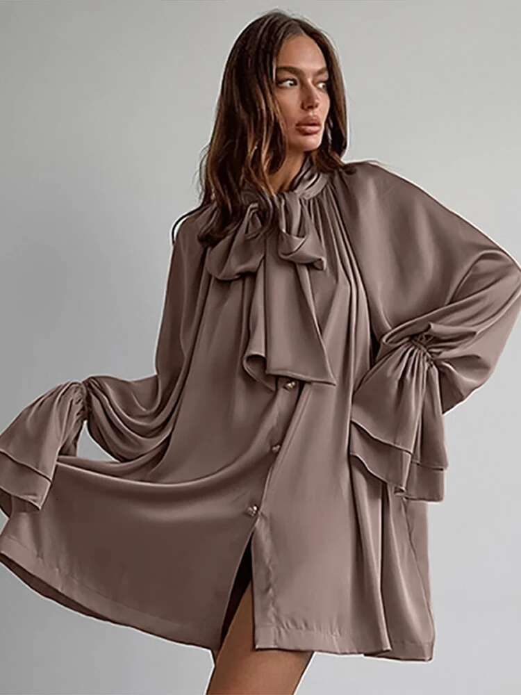 Elegant Bow Satin Mini Shirt Women Long Sleeve Single Breasted A-E Dresses 2025 Spring Summer Lady Commute Vestidos