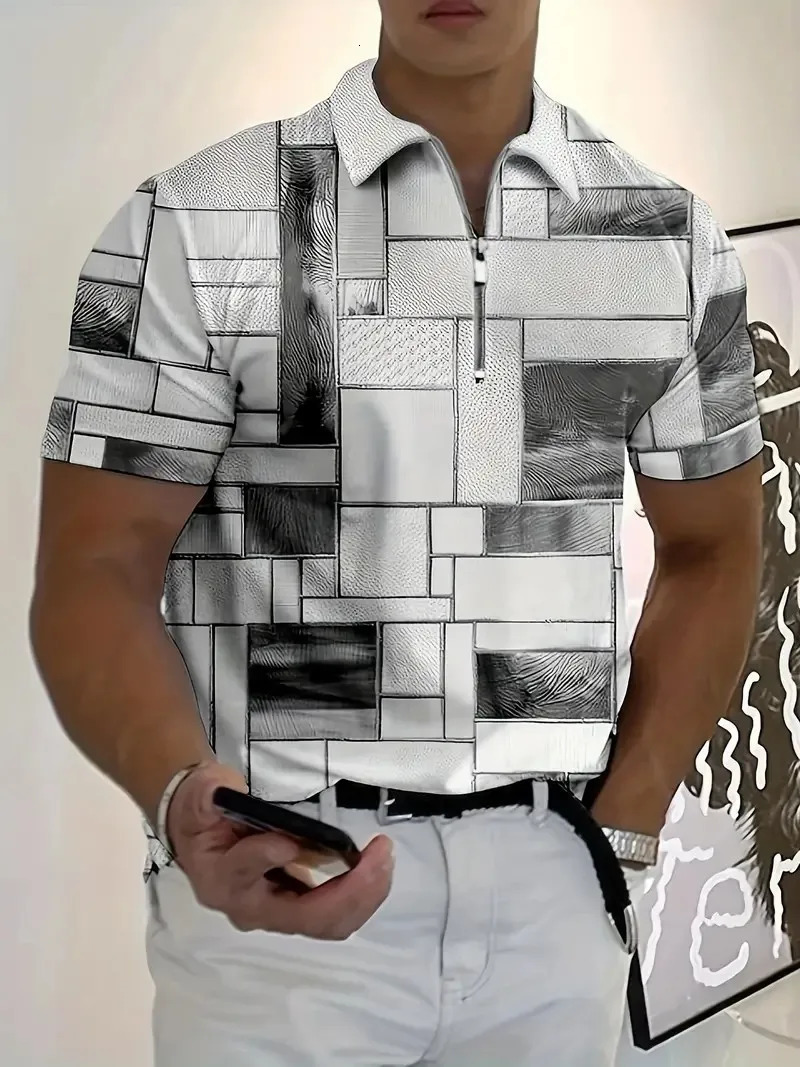 Summer Mens Fashion Polo ShirtLapel Zip Short SleevePlaid PrintMens Sports Casual Short SleeveMens Short Sleeve Tops 250304