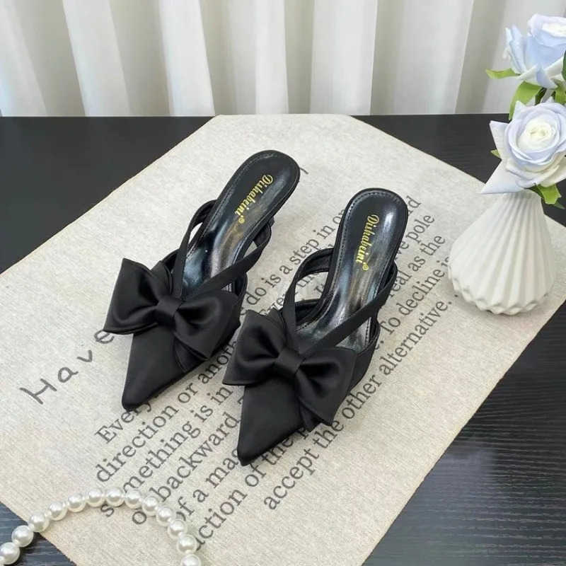 Fairy Style Cool Slippers for Wens Summer 2024 French Pointed Bow Hollow High H Half Wrapped Wens Slippers Z250304