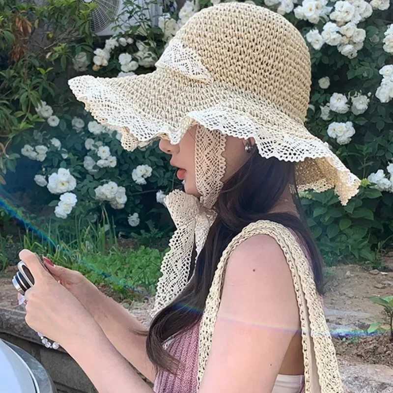 Y2K Korean Girls Sun Hat Lace Hollow Grass Knitted Hat Womens Summer Outing Sun C Beach Sunscreen Hat Sweet Fishermans CXJ250304