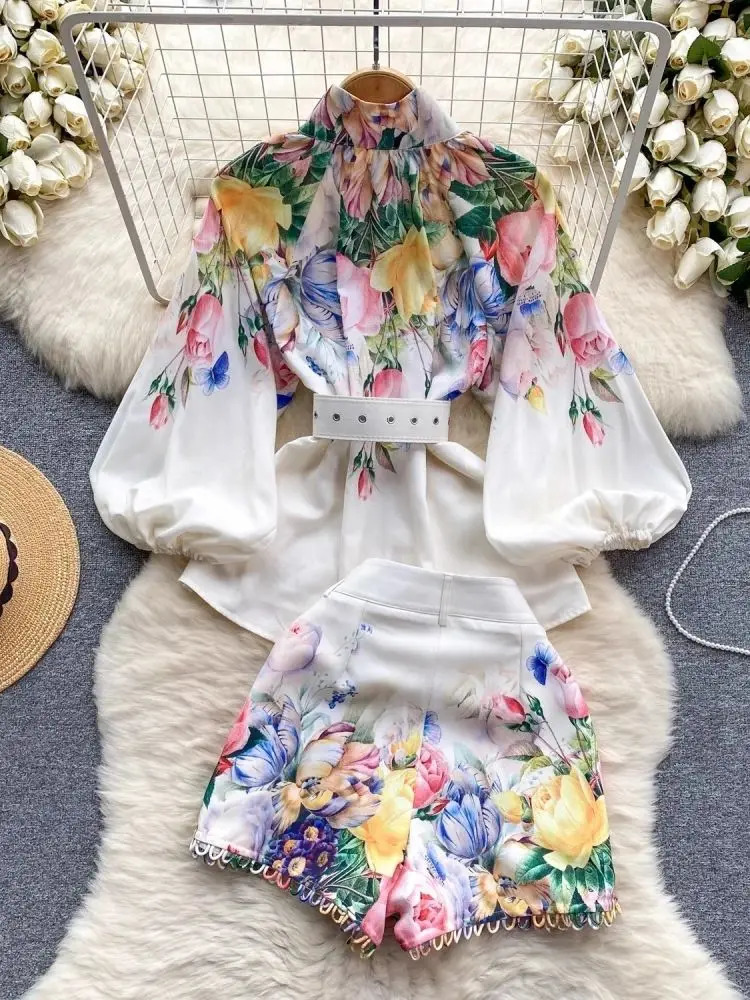 Summer Holiday Tulip Floral 2 Pieces Set Womens Linen Stand Lantern Sleeve Belt Shirt Top Flower Print Wide Leg Shorts Suits 250304