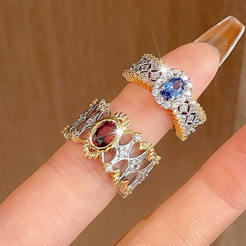 Couple Rings Italian woven pattern carved gold lace two tone gold inlaid diamond red treasure color treasure ring Bratti open ring for women H25303