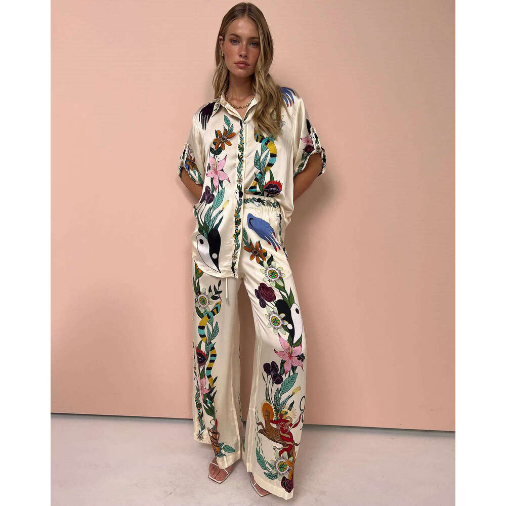 European and American Graffiti Printed Satin Short Sleeve Collar Shirt+Long Pants Casual Two Piece Set 2025 Versatile New Trendy Clothing Ins