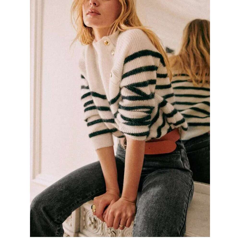 Autumn Winter Ladies Striped Sweater New Women's Half Turtleneck Loose Pullover Knit Tops All-Match With Oblique Buttons