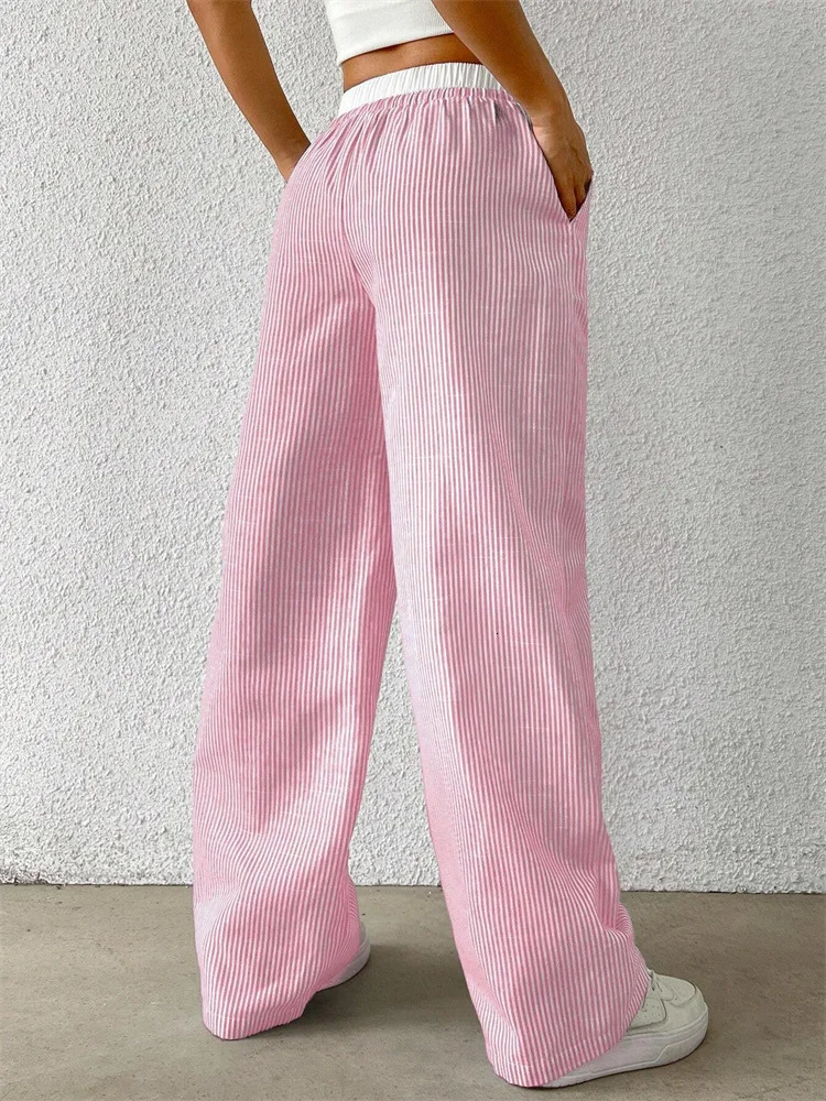 Womens Casual Striped Woven Wide Leg Pants Fall Winter Casual Stylish Full Length Trousers Y2K Clothes Streetwear 250303