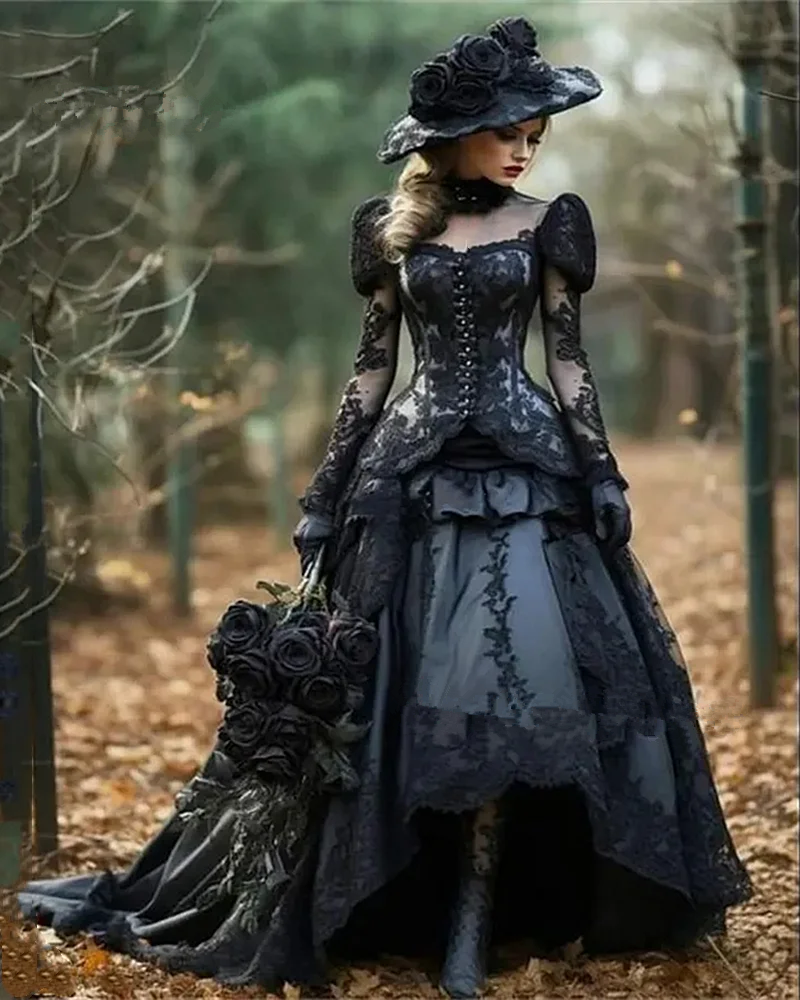 Medieval gothic Black Wedding Dresses fairy Long Sleeves applique corset lace-up steampunk victorian bridal Gown Customized
