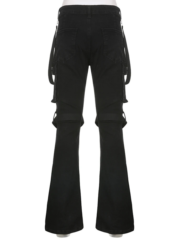 IAMSURE Punk Style Big Pockets Jeans Gothic Casual Slim LowWaisted Flare Pant 2025 Spring Autumn Streetwear Lady 250227