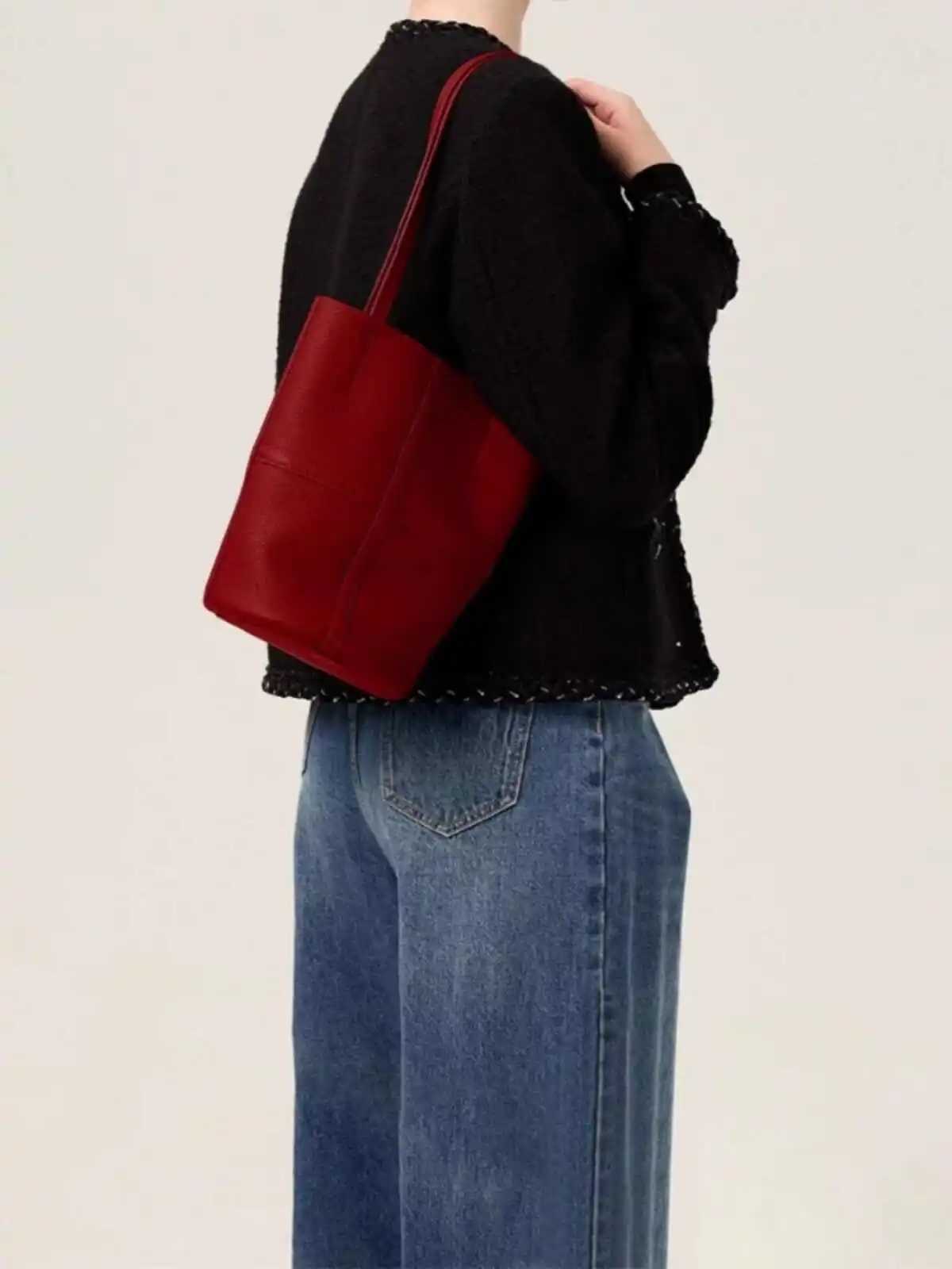 Red Shoulder Bag For Women 2024 Autumn New Suede Versatile Crossbody Purse Commuter Casual Large Capacity Bucket Bags Z250303