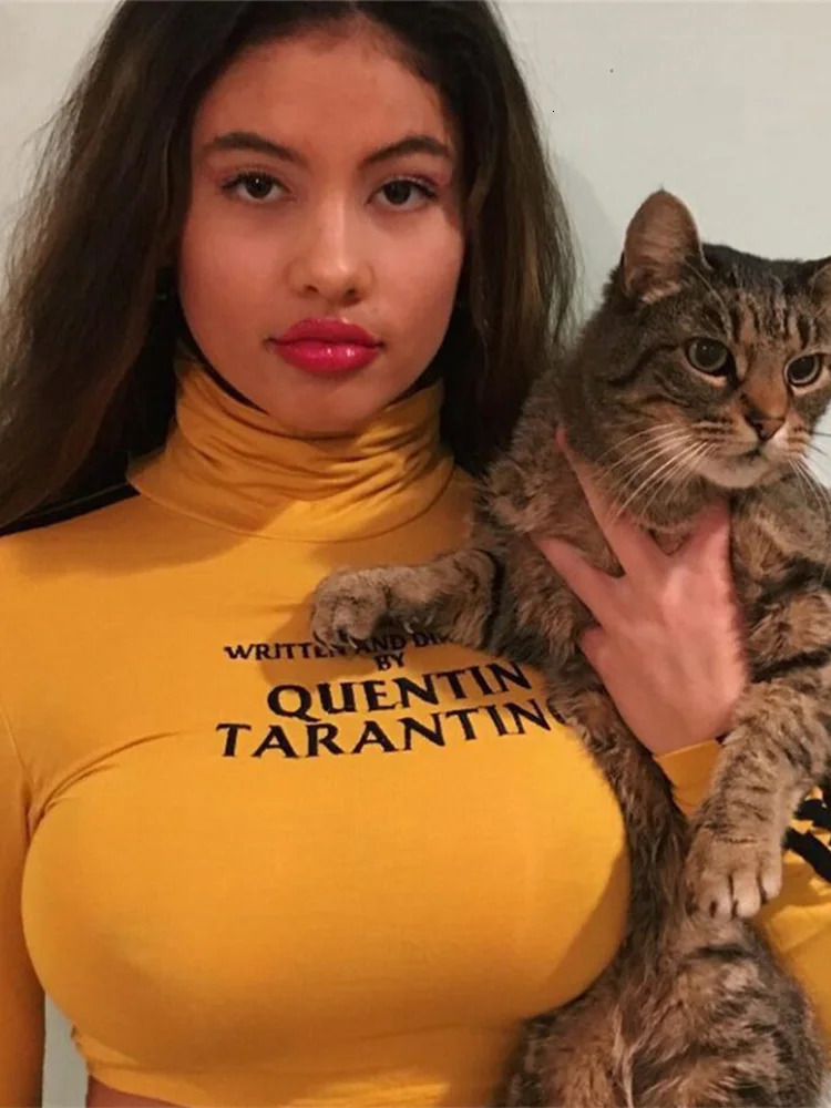 Fashion Quentin Tarantino Sexy Crop Tops Women Side Stripe Long Sleeve Turtleneck Cotton Knitted Short tshirt Lady 250303