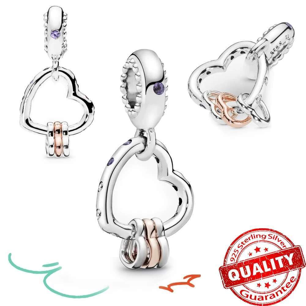 925 Sparking Rose Gold Pave Triple-row Beads Pink Gem Entwined Hearts Charm Fits sterling silver Bracelet For 925 Sterling Silver Necklace DIY For Wom
