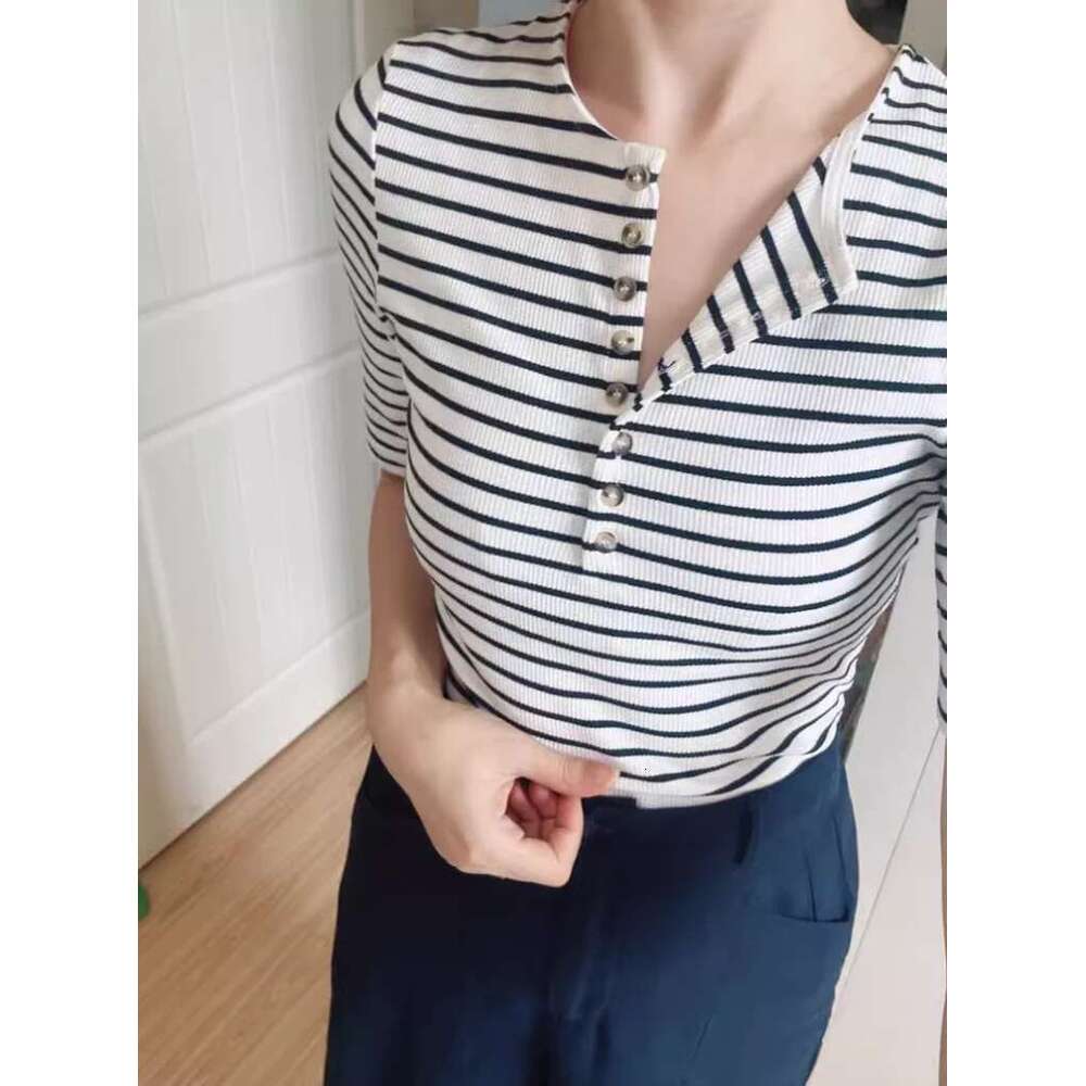Summer Women Basic Single-Breasted Henley All-Match Half-Open Collar Short-Sleeved Slim-Fit T-Shirt