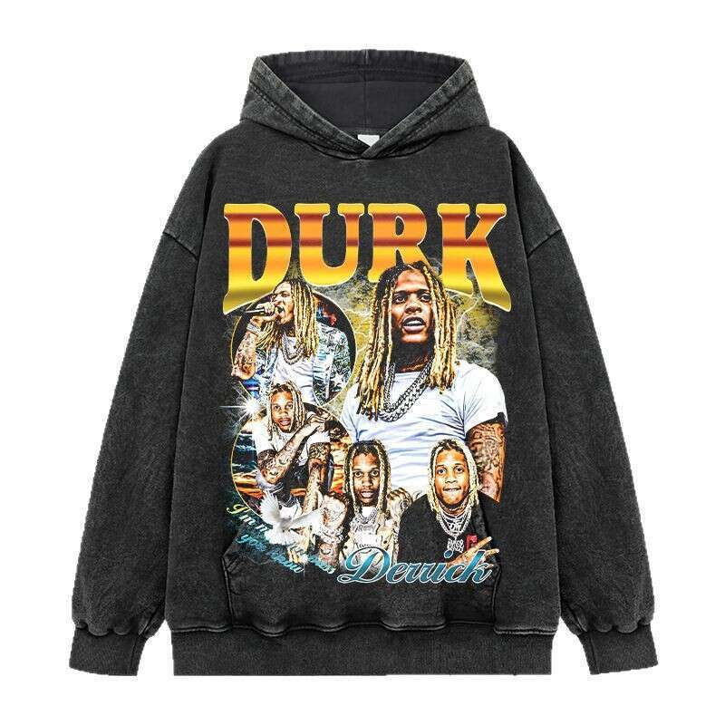 American Lil Durk printed washed T-shirt round neck long sleeved hooded sweatshirt for men
