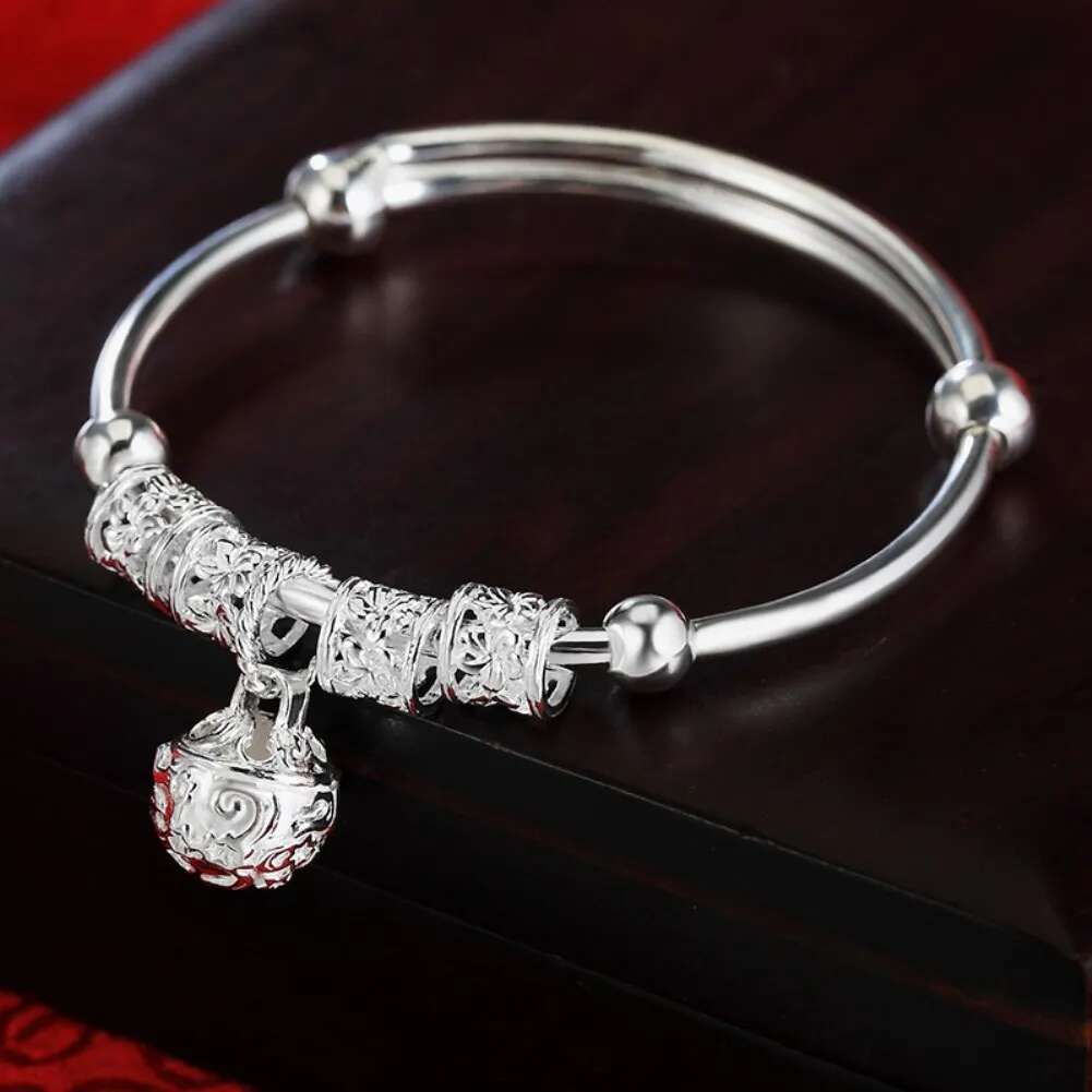 Fine Sterg Sier hollow Bells ball bangles adjustable Bracelets for Women Fashion Holiday gifts Party wedding Jewelry