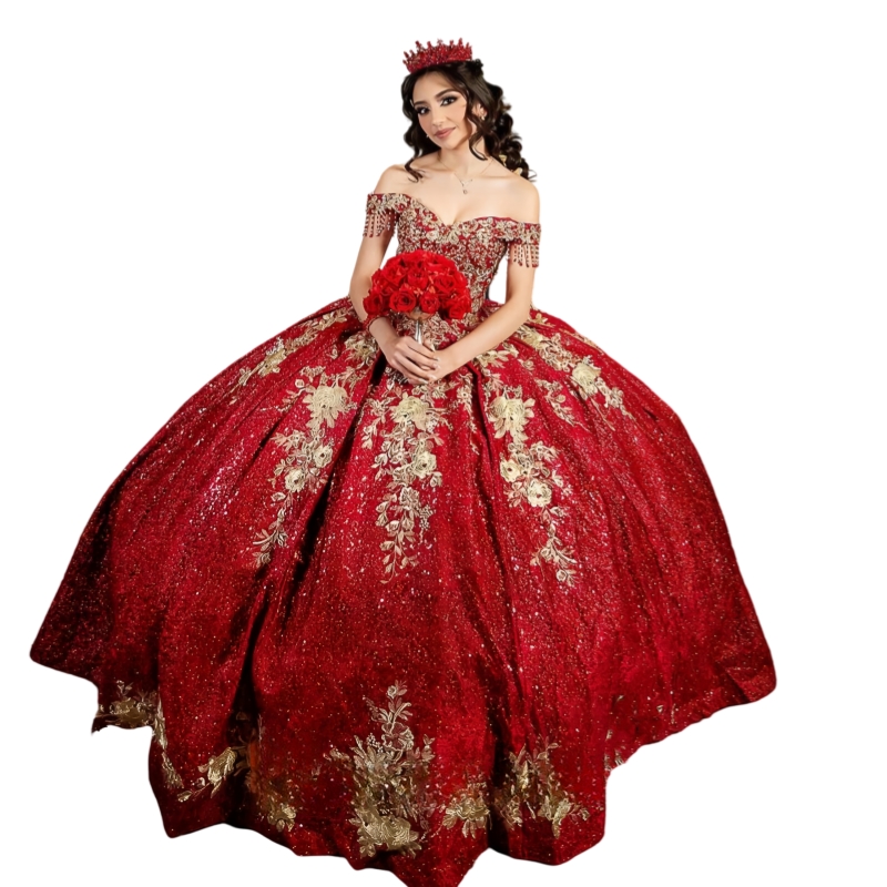 Glitter Dark Red Sequined Quinceanera Dresses Beading Tassel Off Shoulder Sweet 16 Dress Gold Lace Applique Corset Prom Ball Gown