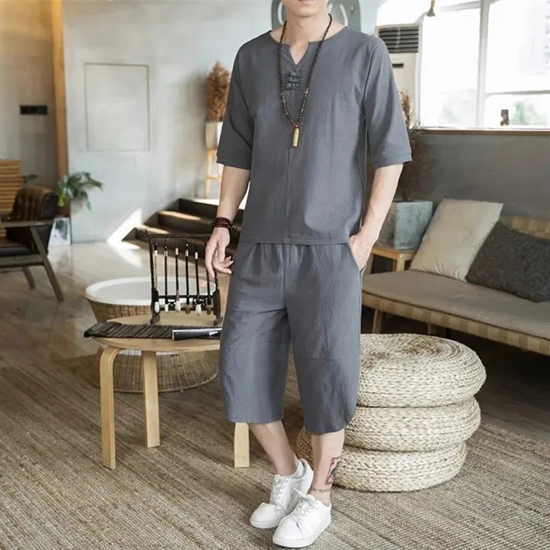Mens Thin Linen Suit Summer Chinese Loose Large Cotton and Linen 2 Pieces Suit Short Sleeve Trousers 2 Pieces Set 250303