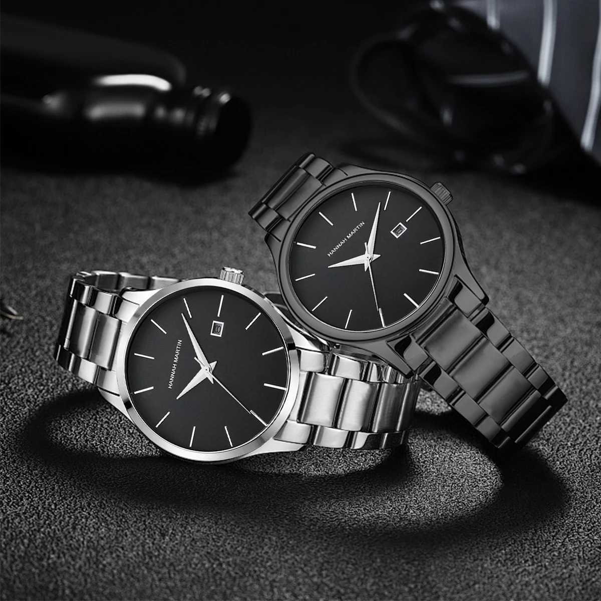 2 Pieces Quartz es For Couples Black Stainl Steel Busin Mens Clock Casual Minimalist Women Gift Couples GiftXJ250304