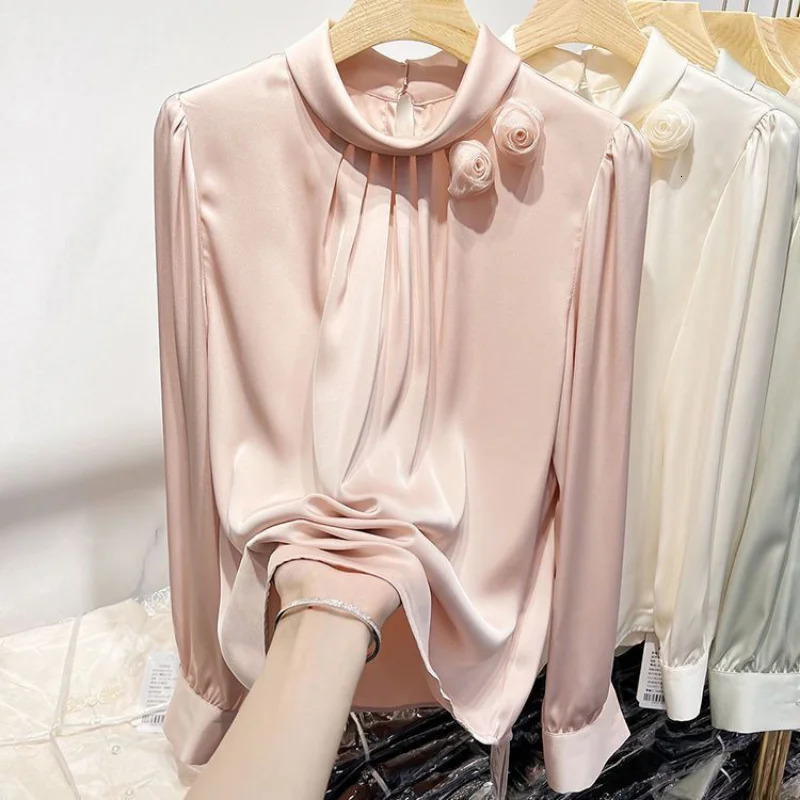 M-3XL Solid Shirt Womens Bag Tempered Elegant Minimalist French Comfortable Mild Chemical Womens Vertical Collar 250228