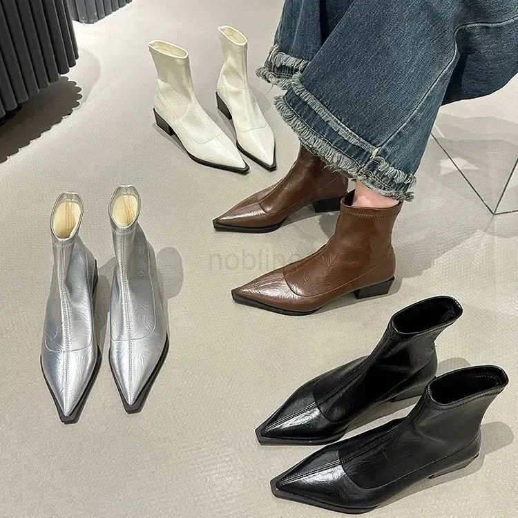 Pointed Toe Wen Ankle Boots Fion Thick Heel Slimming Short Booties Autumn Winter Soft Leather Fem Shoes Z250304