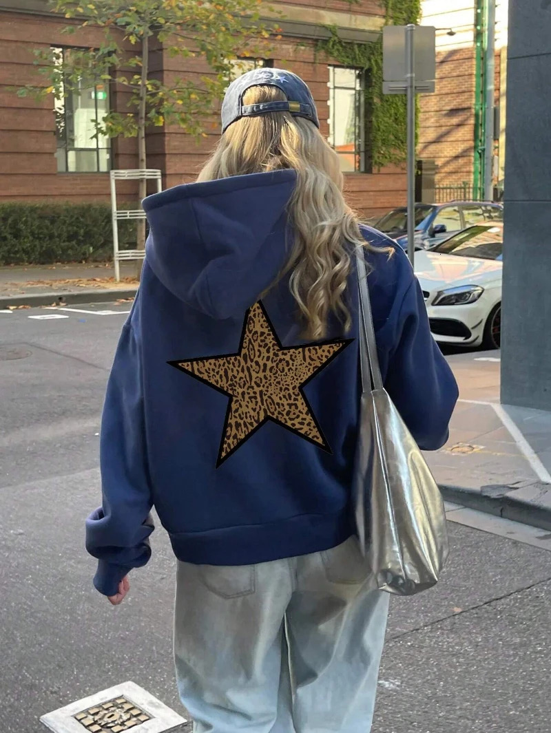 Casual Womans Hoodies Leopard Pentagram Pattern Printing Pullovers Loose Pocket Warm Fleece Sweatshirts Autumn Female Clothing 250304