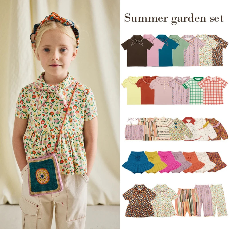 Childrens T-shirt summer MP country style girl tied to bow top girl popcorn underwear 250304