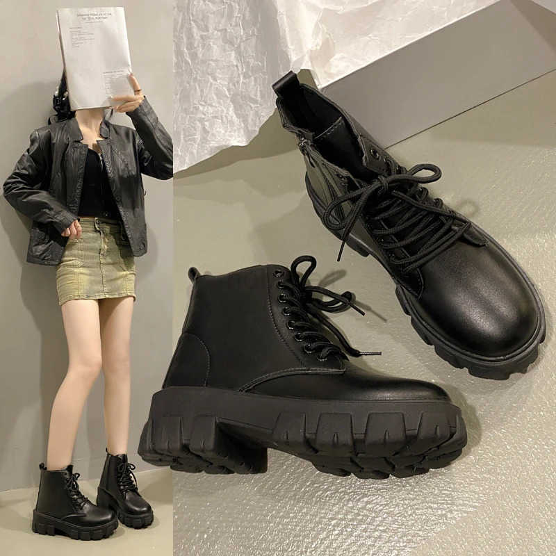 2024 New Autumn/Winter Korean Style Cfortable Mid-calf Wens Shoes Fionable Thick-soled Lace-up Side Zipper Wens Boots Z250304