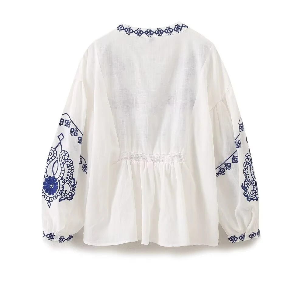 UNIZERA Summer Womens Fashion Versatile Loose and Slim V-neck Beaded Embroidered Long sleeved Shirt 250228