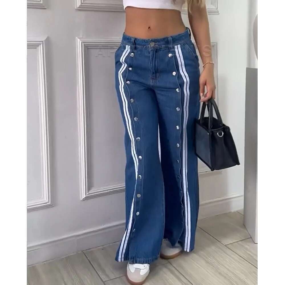 Women Vintage Blue Straight Pants Wide-Leg Denim Trousers Streetwear Fashion Casual Baggy High Street Jeans