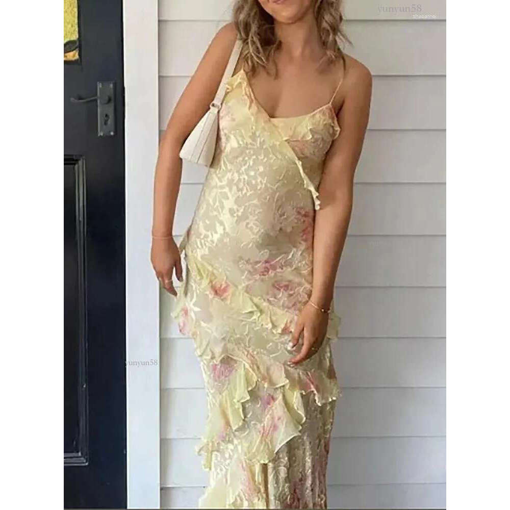 V-Neck Casual Dresses Ruffle Patchwork Loungewear Dress Women Summer Sleeveless Sexy Elegant Maxi Backless Beach Style L