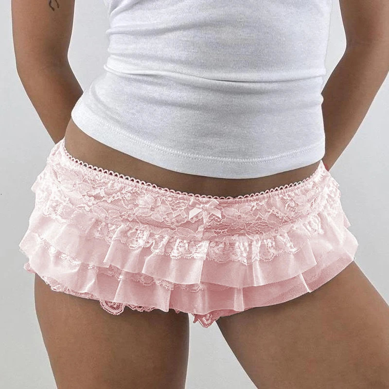 Y2k Cutest Ruffles Mesh Layers Bloomers Frilly Pants Fairy Tiered Lace Micro Shorts Bow Waistband Booty Shorts Women Streetwear 250303