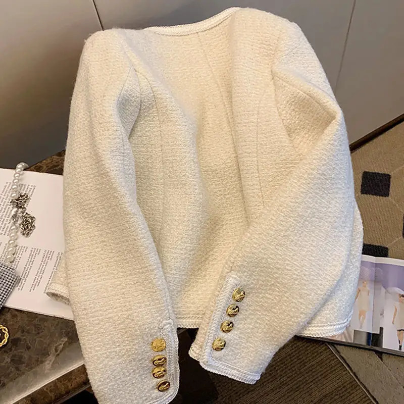 Autumn Winter Small Fragrant Tweed Jacket Coat Women Vintage Woolen Short Coats Streetwear Elegant Casual Slim Outwear Crop Top 250225