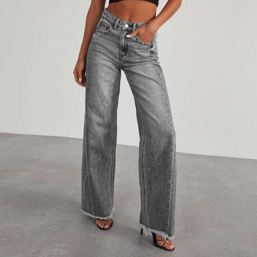 Women's Denim High Waist Fashion Wide Leg Cotton Trousers Autumn Tide Straight Pants De Mujer Frayed Hem Jeans