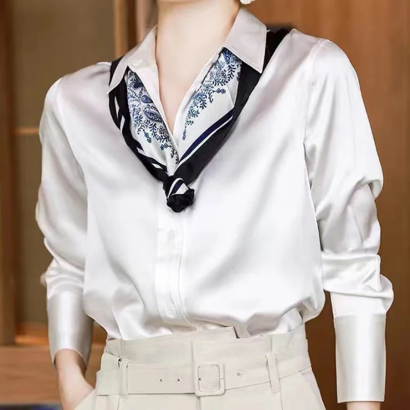 Solid Color Elegant Office Ladys Satin Shirt All-Match Trendy Women Shirts And Blouses Basic Chic Top Autumn French Chic Shirt 250303