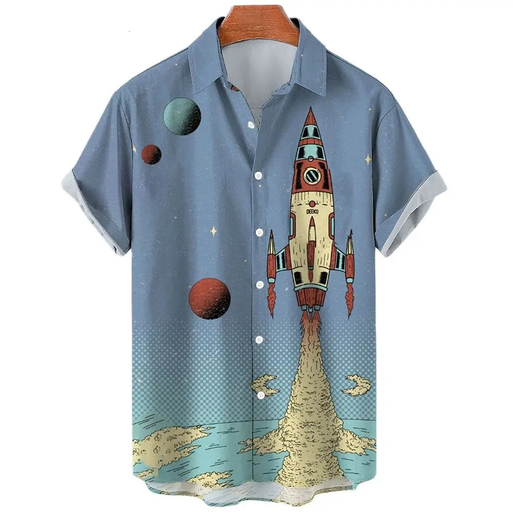Mens Rocket Print Hawaiian Shirt 3d Print Harajuku Cartoon High Quality Summer Mens Casual 250227
