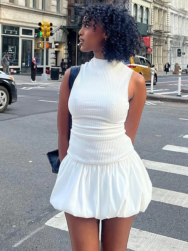 Summer Elegant Knitting Sleeveless Backless Short Bubble Ball Womens Dresses Evening Casual Clothing Y2K Streetwear 250227Z