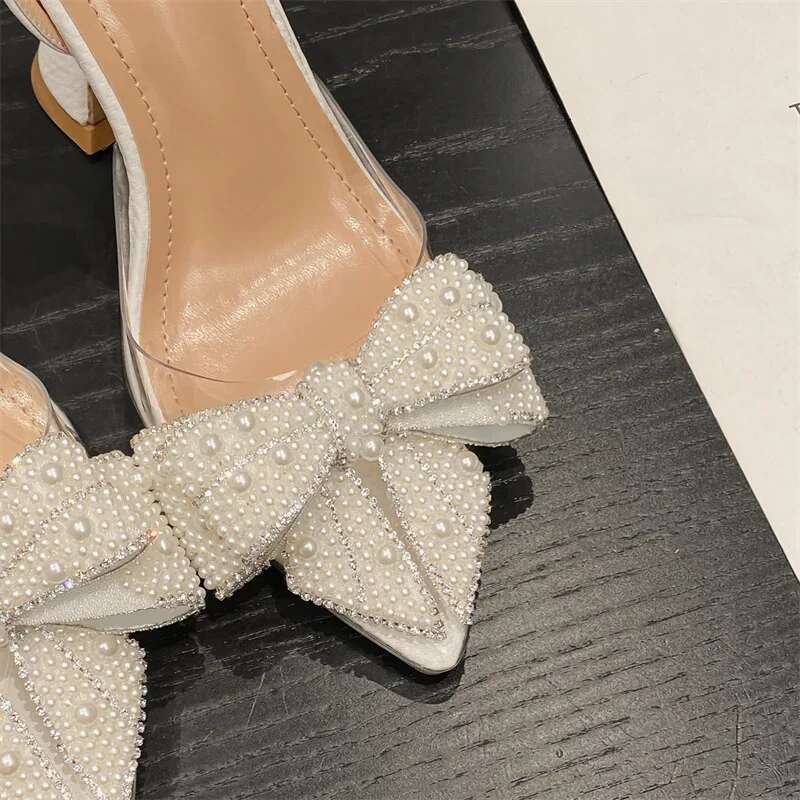 White Fashion Design Pearl Bowknot Women Pumps Sexy Pointed Toe High Heels Wedding Prom Shoe PVC Transparent Sandalias De Mujer