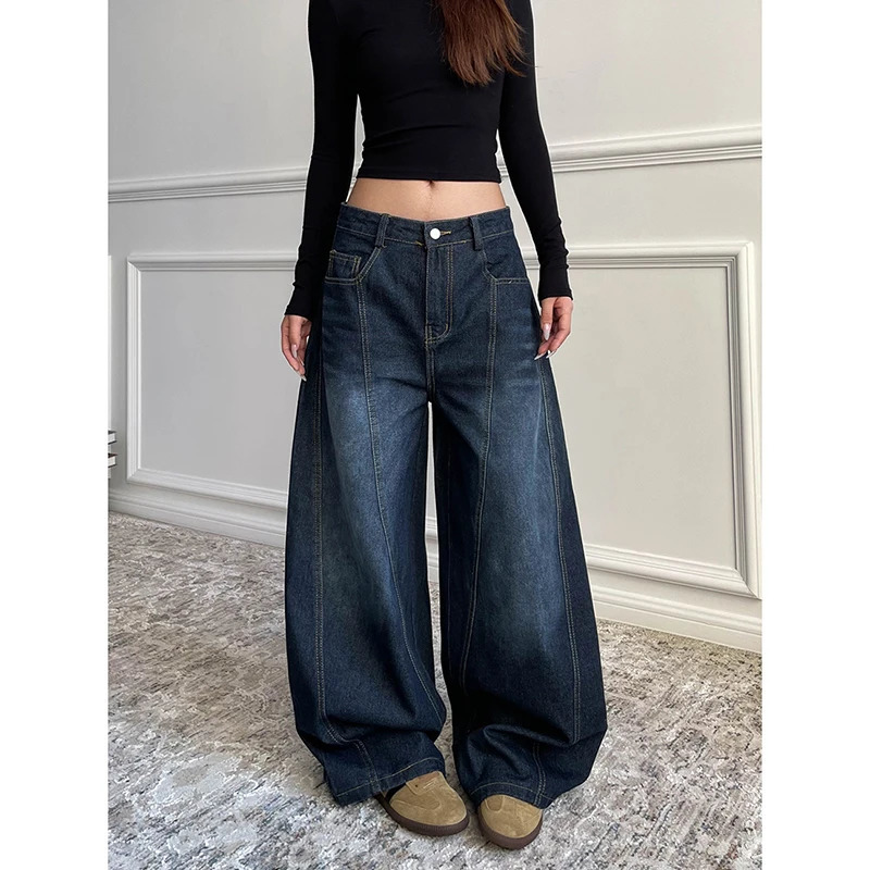 Blue Womens Retro Y2K 2000s Wide Leg Baggy Casual Denim Trouser High Waist Loose Jeans Autumn Harajuku Full Length Pants 250228