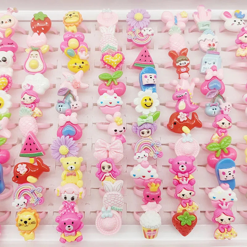 100pcs/Lot Wholesale Children Finger Rings for Girls Party Pink Cute Jewelry Open Adjust Resin Ring Cake Animal Fruit Ice Cream 250304