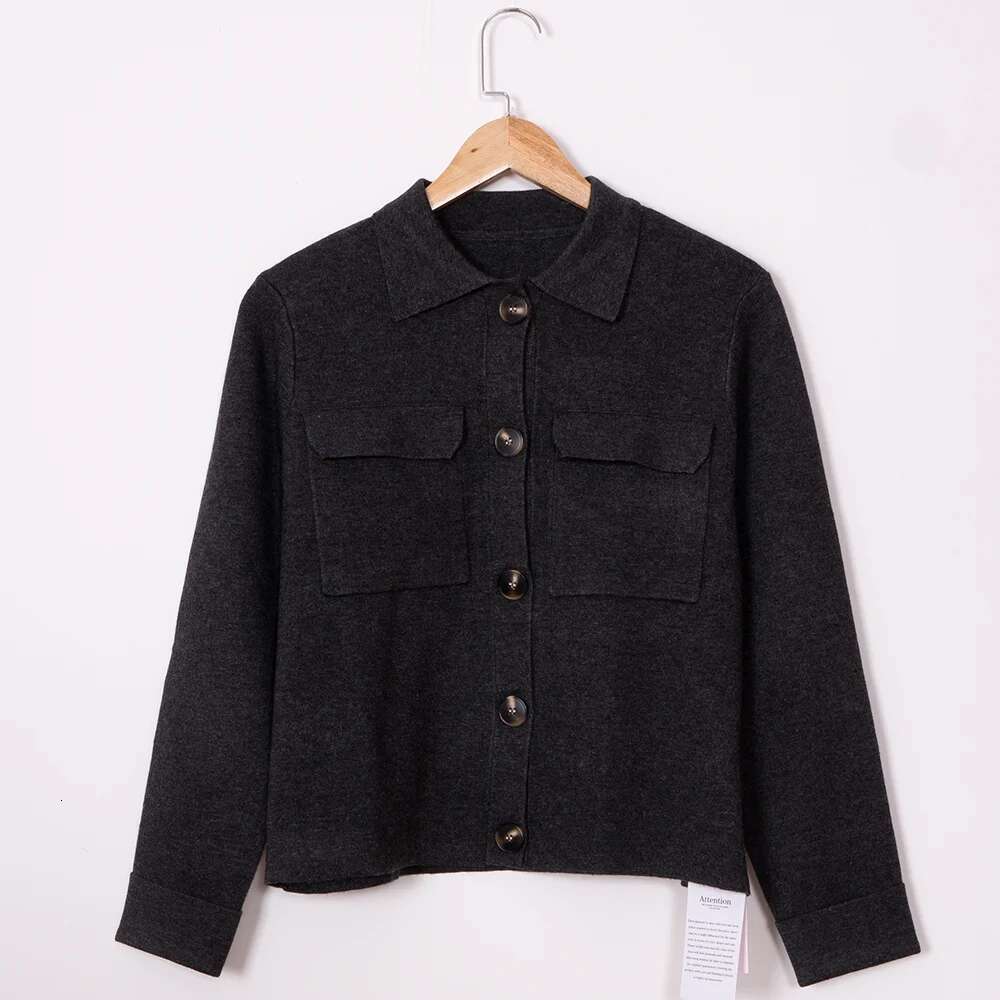 Sa Solid Color Jacquard Knit Cardigan Turn-Down Collar Long Sleeve Button Pocket Female Sweater Casual Cozy Ladies Top