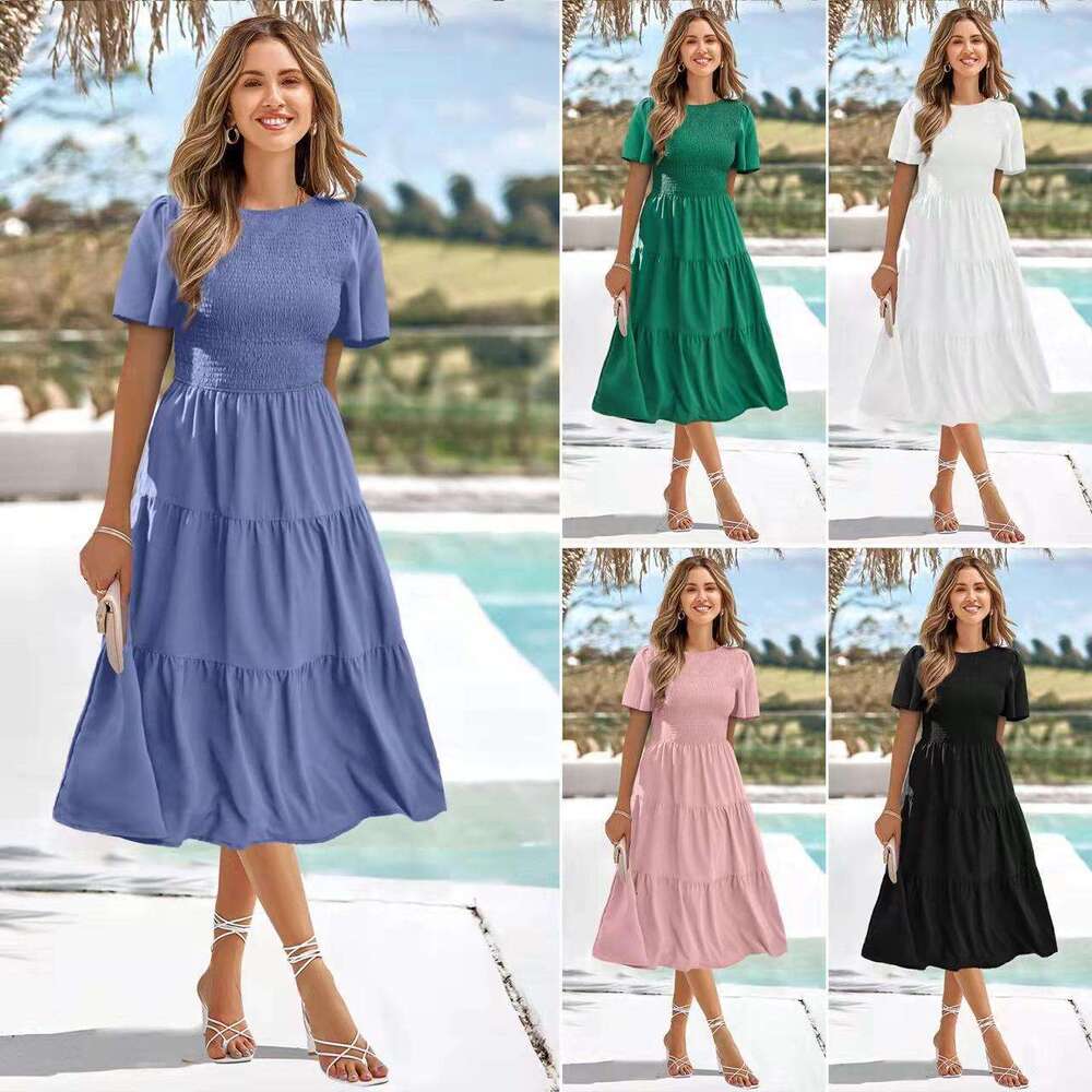 US station waist cinching slimming big swing dress for spring and summer round neck, sweeping holiday dress, 2025 temperament versatile new trendy clo