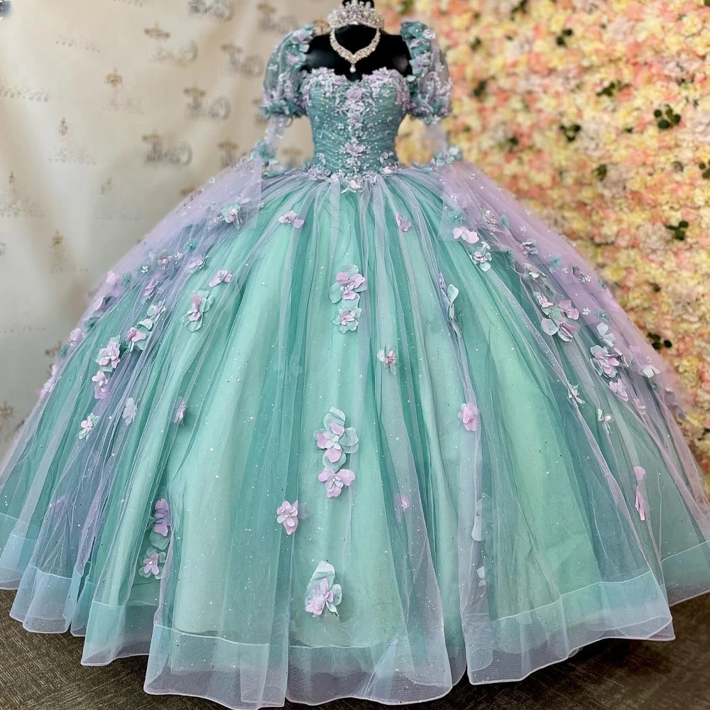 Exquisite Flare Sleeves Ball Gowns Quinceanera Dress Flowers Pleats Beaded Green And Pink Sweetheart Neck Floral Appliques Prom Dress 15 Anos Vestido