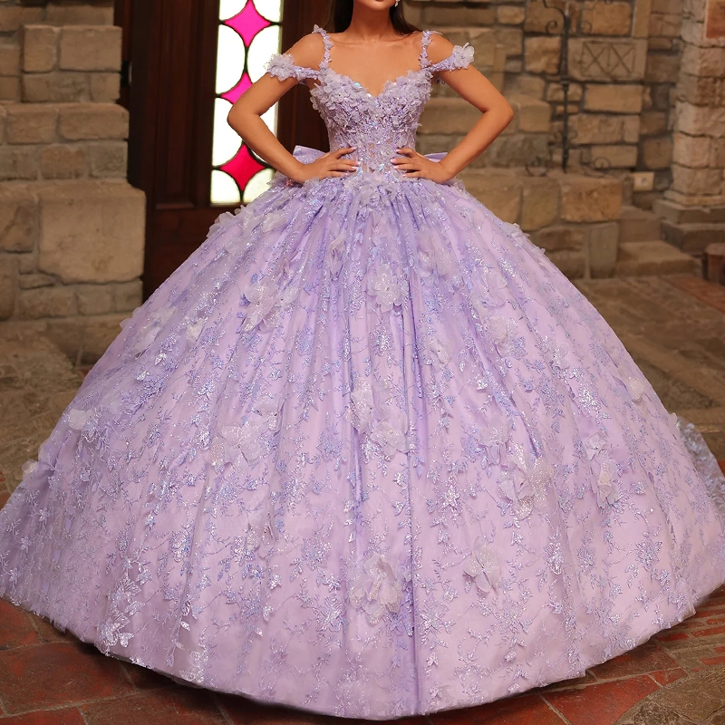 Lilac Shiny Quinceanera Dresses Ball Gown Off The Shoulder Sequin Applique Flower Beading Bow Tull Party Birthday Sweet 16 Vestidos De 15 Anos
