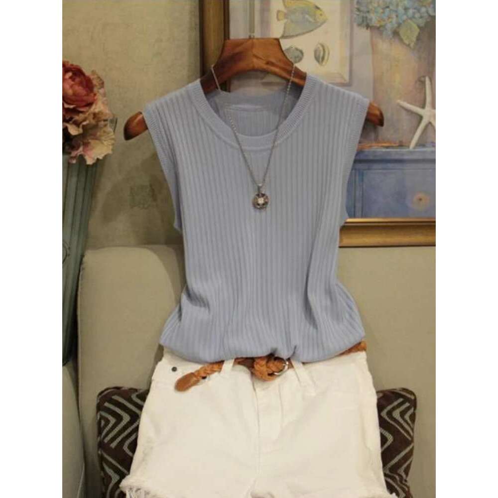 Vests 2025 Korea Top Summer Sleeveless O-neck Knitted Blouse Shirt Clothes Women Tops