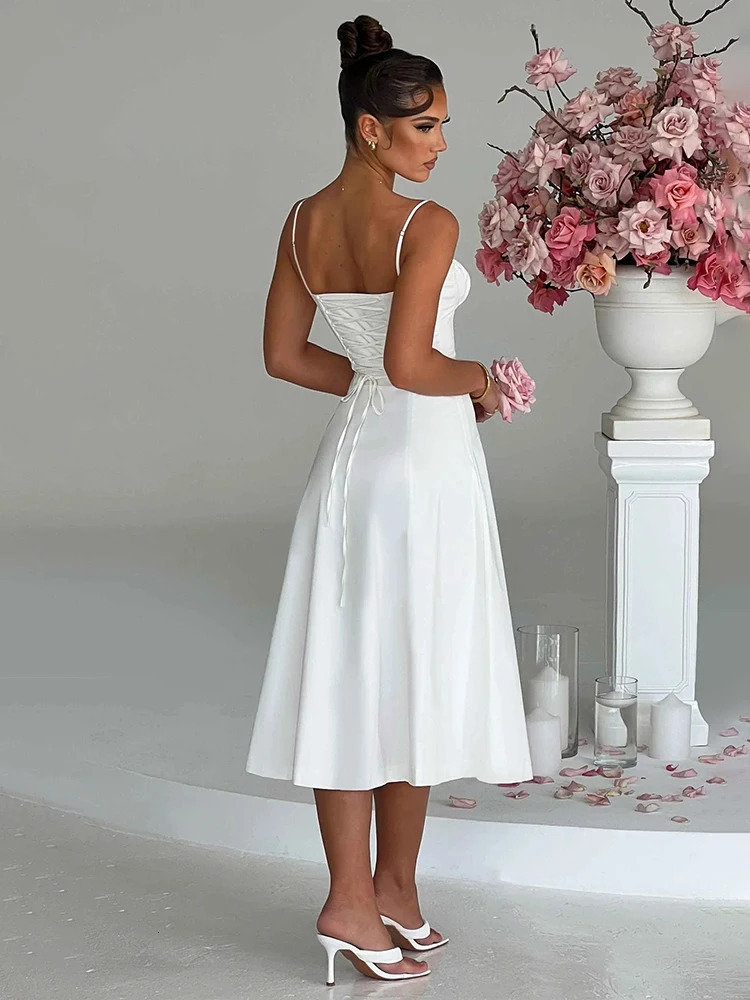Strapless A-Line Midi for Women - Spaghetti Strap, Backless Split, Summer Party Dress C260312