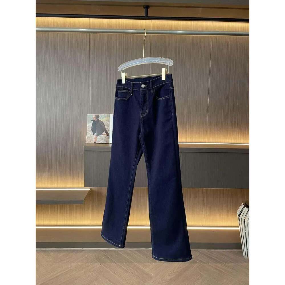 Women's Thick Fleece Flared Jeans Warm Pocket Beading Chain Female High Waist Denim Long Pants Autumn Winter 2025