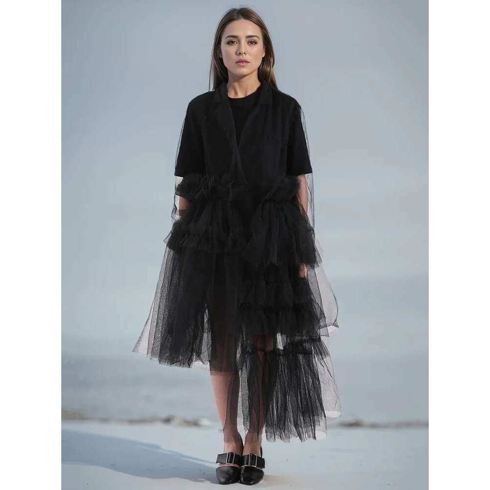 Fashion Women's Cardigan Dress V-Neck Long Sleeves Mesh Spliced Irregular Hem Loose Dresses Summer 2025 New Tide Cpdb110