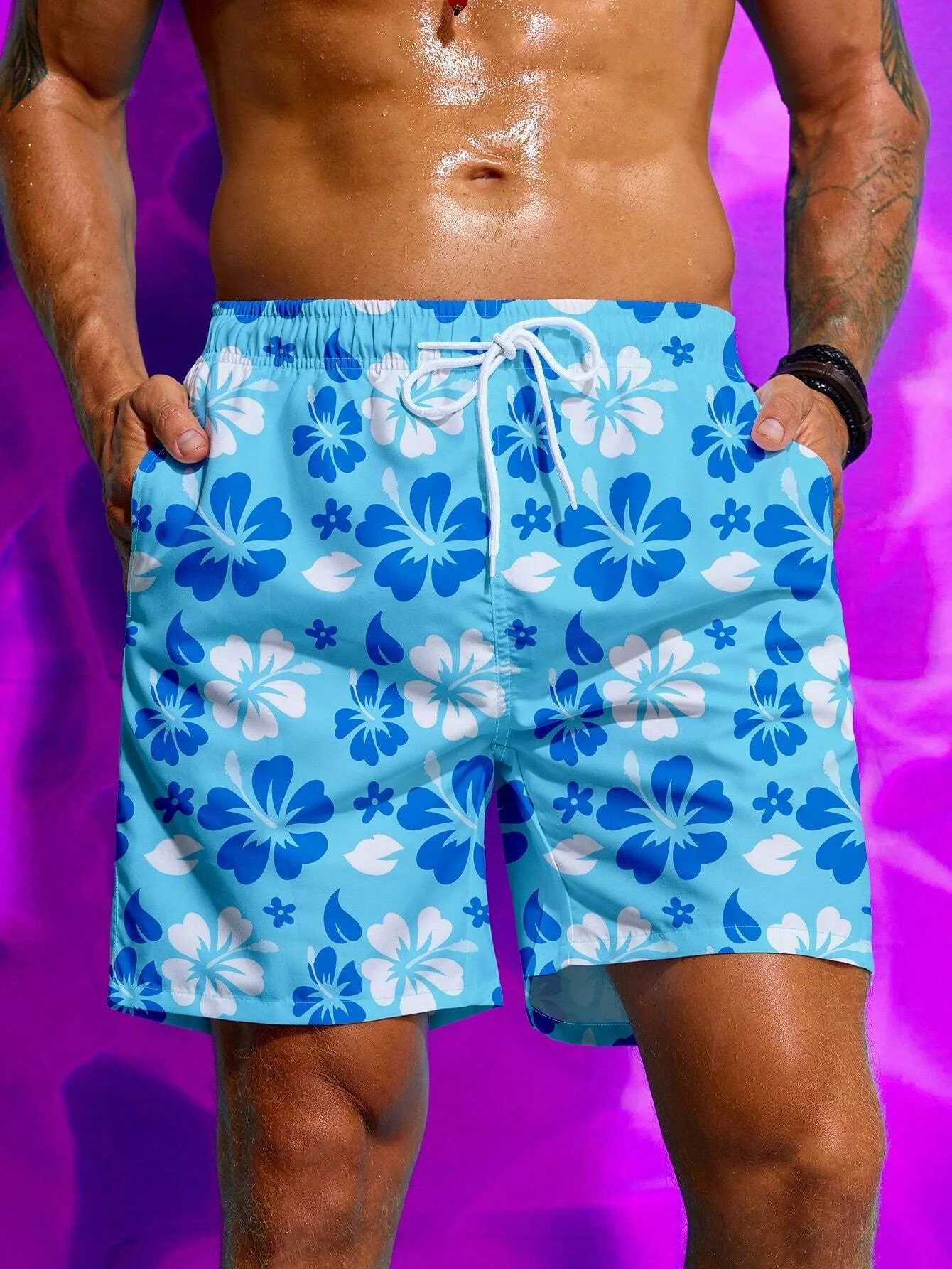 Floral Print Drawstring Mens Beach Short Mens swim Trunks Elastic Waist 3D Print Gradient Breathable Short Streetwear PolysterT250304